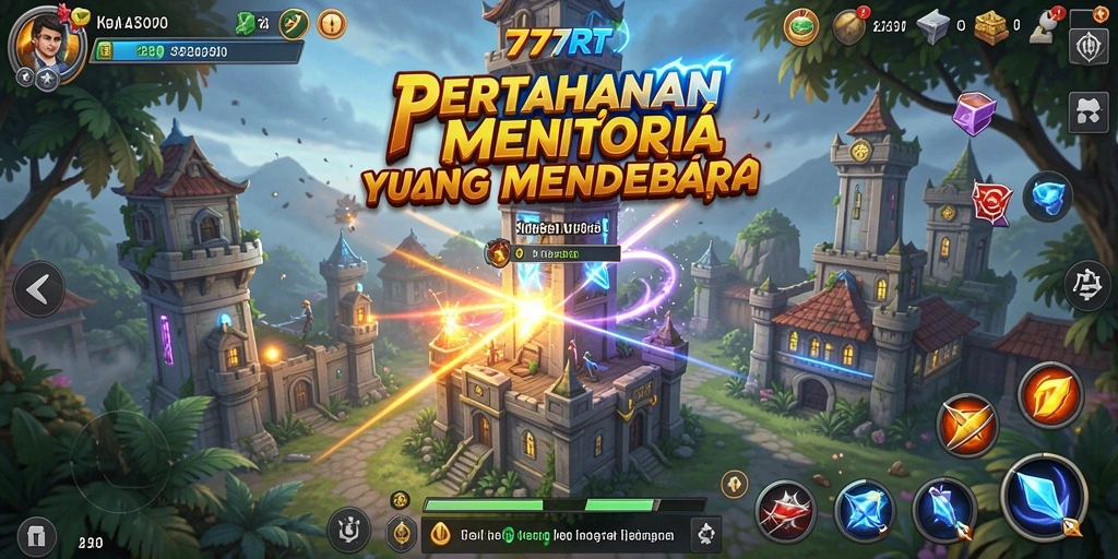 Screenshot gameplay Tower Defense 777RT yang menampilkan aksi menara pertahanan.