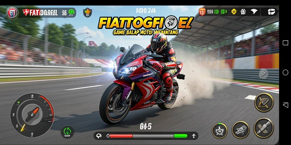 Tampilan gameplay seru dari FIATOGEL dengan balapan motor yang mendebarkan.