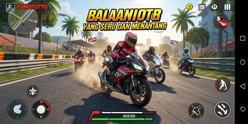 Screenshot gameplay FOMOTOTO menampilkan balapan motor yang seru dan menegangkan.