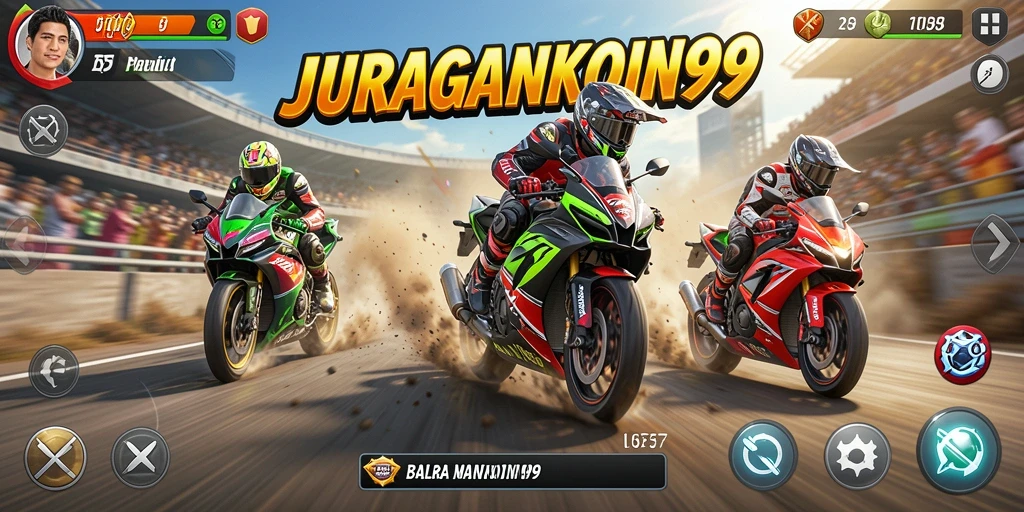 Tampilan gameplay <strong>JURAGANKOIN99</strong> saat balapan motor di lintasan menantang.