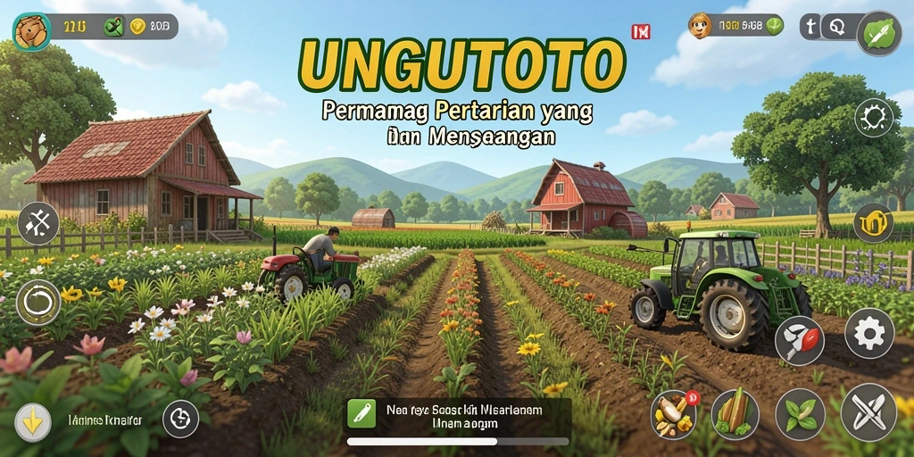 Tangkap layar gameplay UNGUTOTO yang menampilkan kebun penuh warna dan tanaman subur.